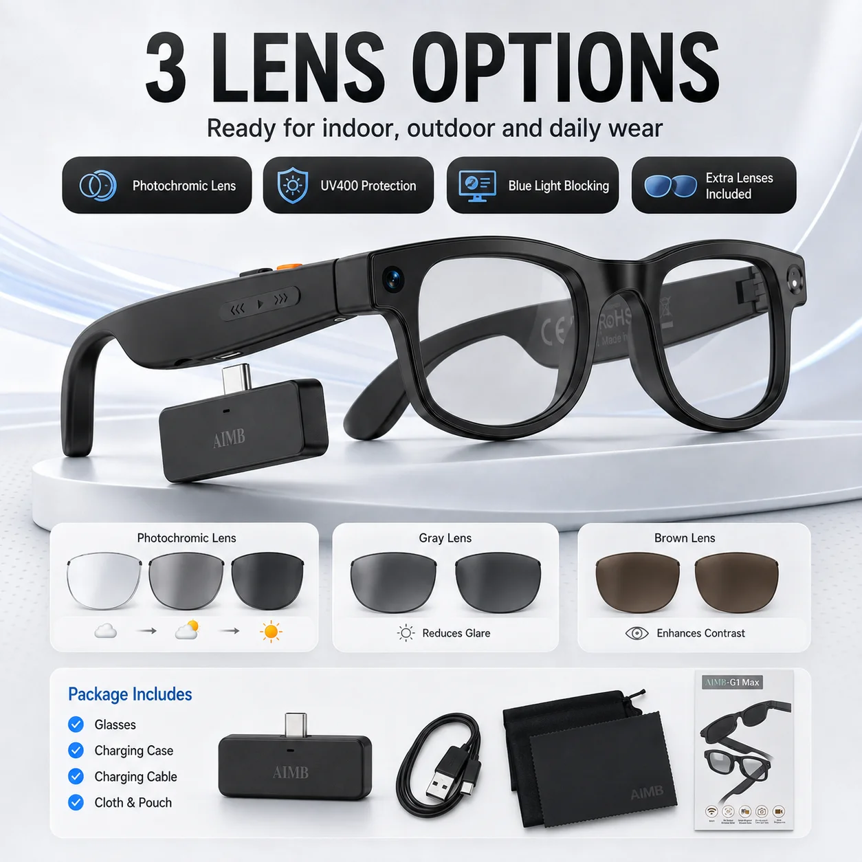 AI Smart Glasses 8MP Camera 1080P Video Translation Voice Assistant Dual Mic Photochromic UV400 Bluetooth Eyewear
