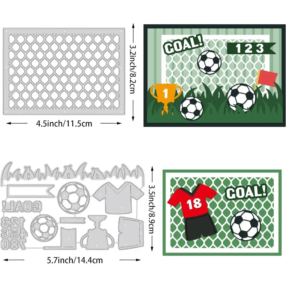 Aço carbono Corte Morre para DIY Scrapbooking, Futebol Temático, Metal Embossing Stencils, Turf Soccer Goal Trophy, 2PCs