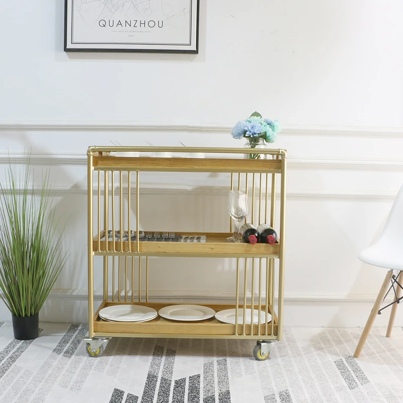 

Nordic wrought iron solid wood rack trolley three-layer living room mobile side cabinet trolley leisure hall dining car