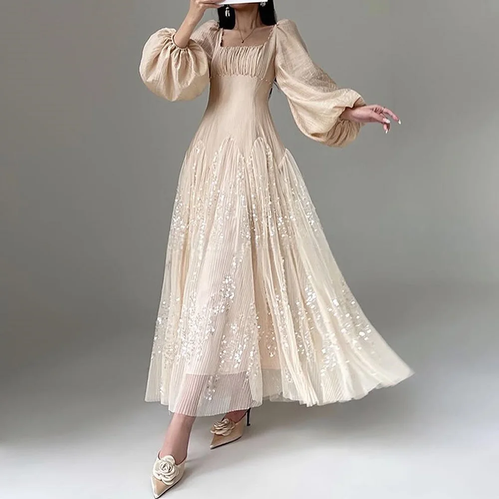 

Sequined A-Line Square Neck Puff Sleeves Exquisite Evening Dresses Ankle Length Special Occasion Gowns Satin Long Sleeves