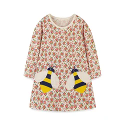 Jumping Meters 2-7T Long Sleeve Bee Embroidery Princess Girls Dresses Floral Print Children's Clothing Toddler Party Birthday