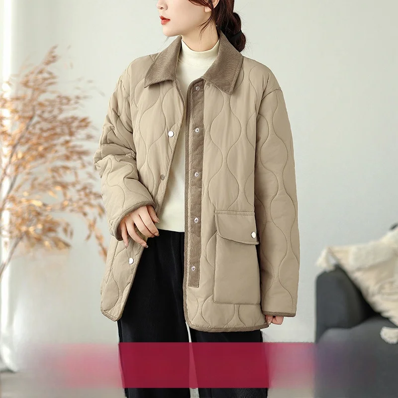 

Новая зимняя мода, свободная повседневная легкая теплая хлопковая куртка из вельветового цвета с цветочным воротником, женская верхняя одежда, маленькое хлопковое пальто