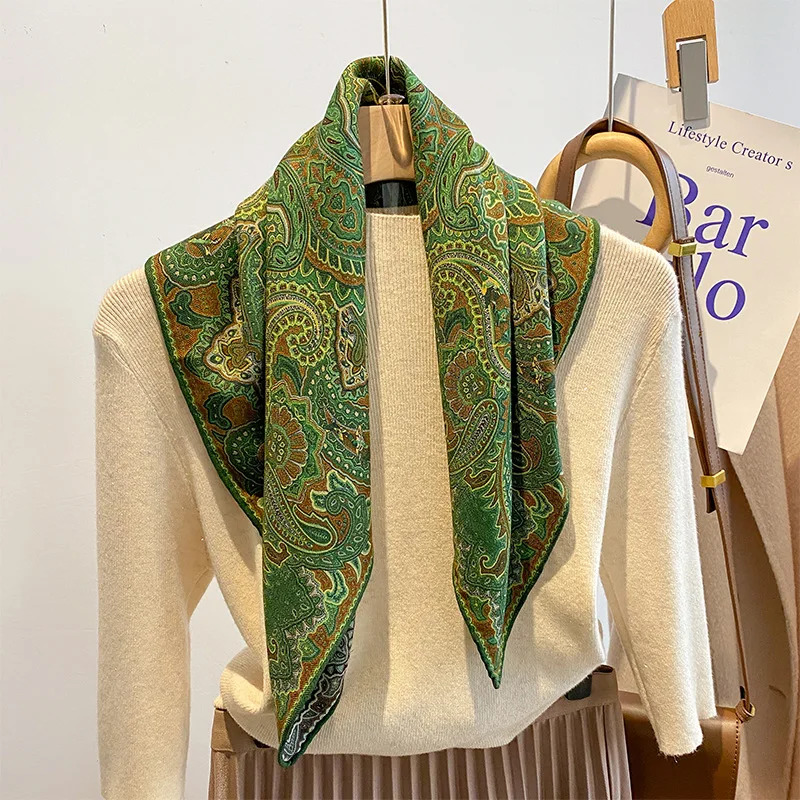 Women Neck Scarf Luxury Brand Rolled Hems Silk Wool Scarfs Double Side Paisley Square Warm Hair Bandanas Cashmere Pashmina 65CM