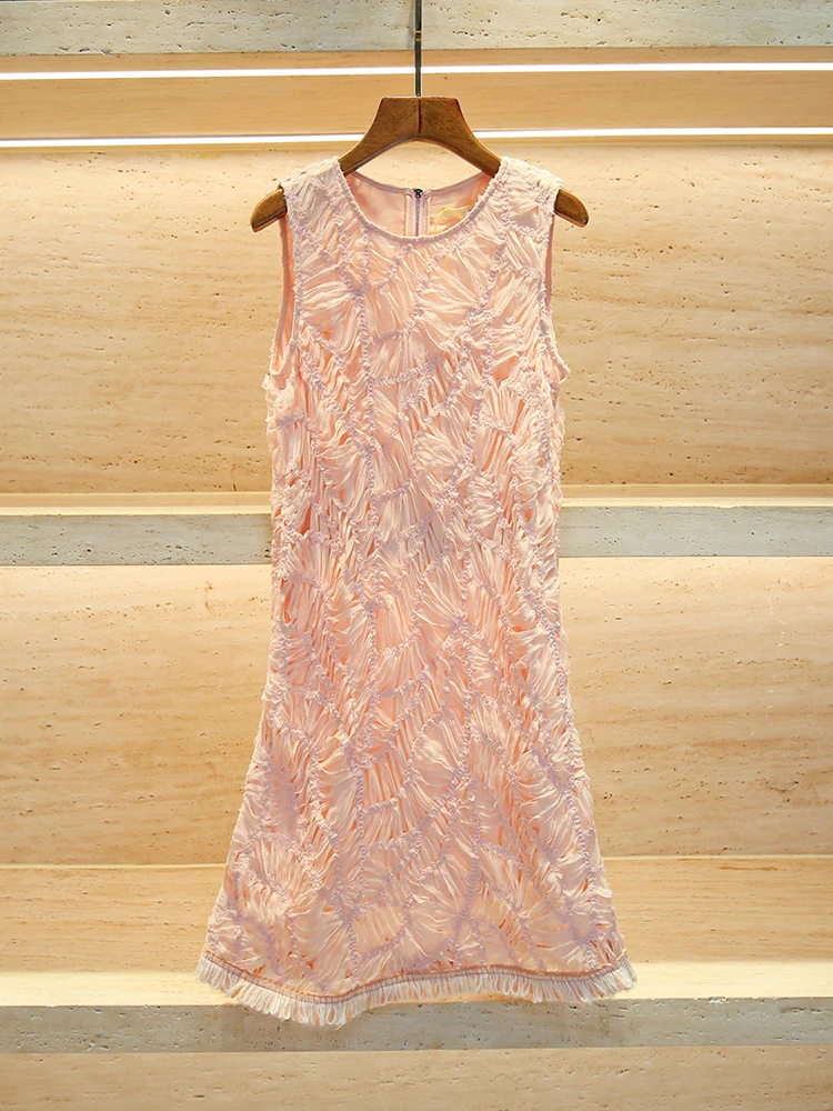 

High-End Summer Lace Dr Women's Folded High Waist A-Line Skirt Knitted Fabric No Sve round Ne Gown South Oil Design