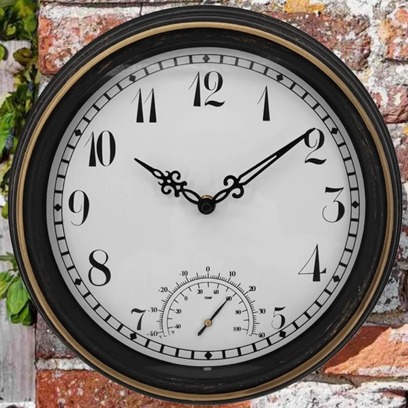 AT35 Outdoor Waterproof Wall Clock With Thermometer IP44 Vintage Round Garden Decor Clock 12 Inch Outdoor Clock