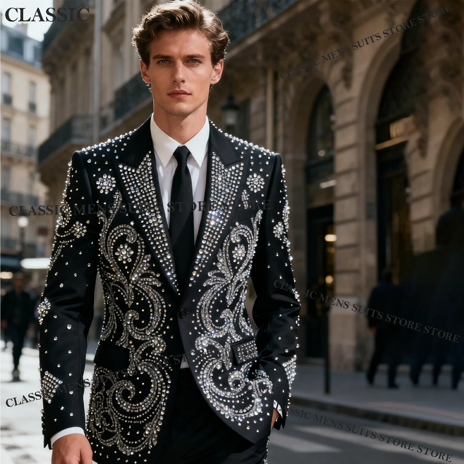 

Glitter Design Men Customized Suits Groom Male Blazer 2Piece Crystal Diamond Wedding Party Luxury Slim Fit Customized Tuxedos Ro