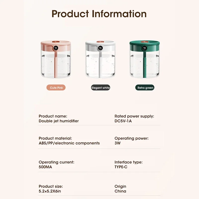 2L Air Humidifier ความจุขนาดใหญ่พร้อมจอแสดงผล LCD ความชื้น Night Light หัวฉีดคู่ AROMA Essential Oil Diffuser สําหรับโฮมออฟฟิศ