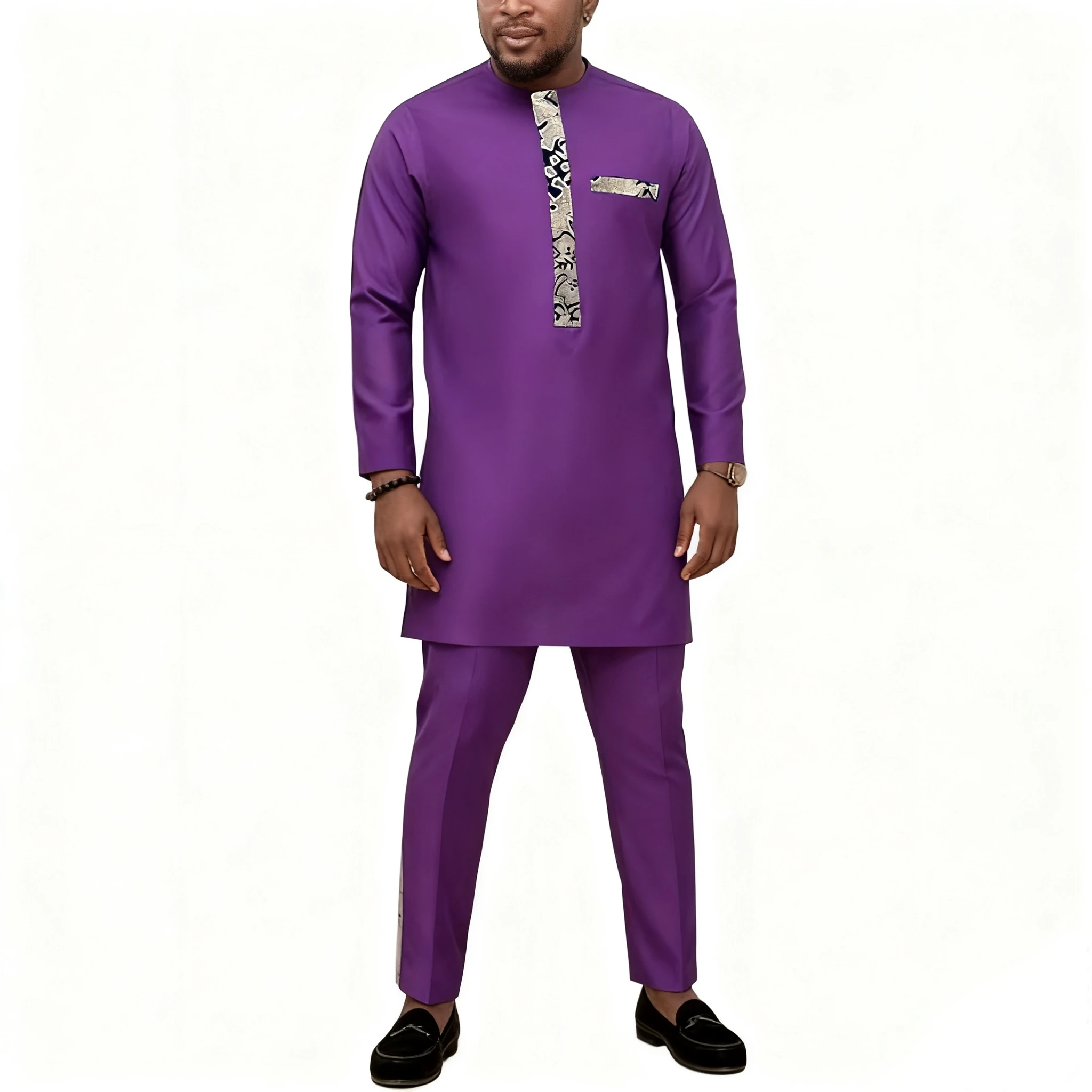 

Men's African Traditional Style Purple Dashiki Set Printed Details Long Sleeve Top And Pants 2-Piece Outfit For Party