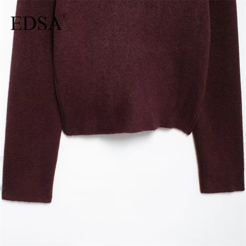 EDSA Women Knitted Bomber Jacket Lapel Zipper Vintage Burgundy Color Coat New Fall Winter Stylish Knitted Cardigan