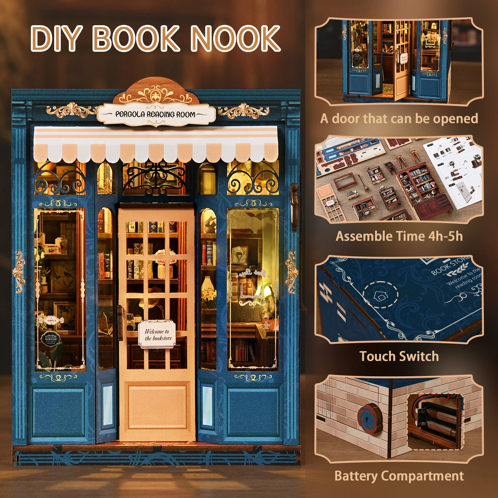 OUZEY جديد كتاب الزاوية عدة لتقوم بها بنفسك مكتبة مصغرة منزل ثلاثية الأبعاد لغز خشبي لرف الكتب خمر كتاب الزاوية ديكور مع مصباح ليد هدية #4