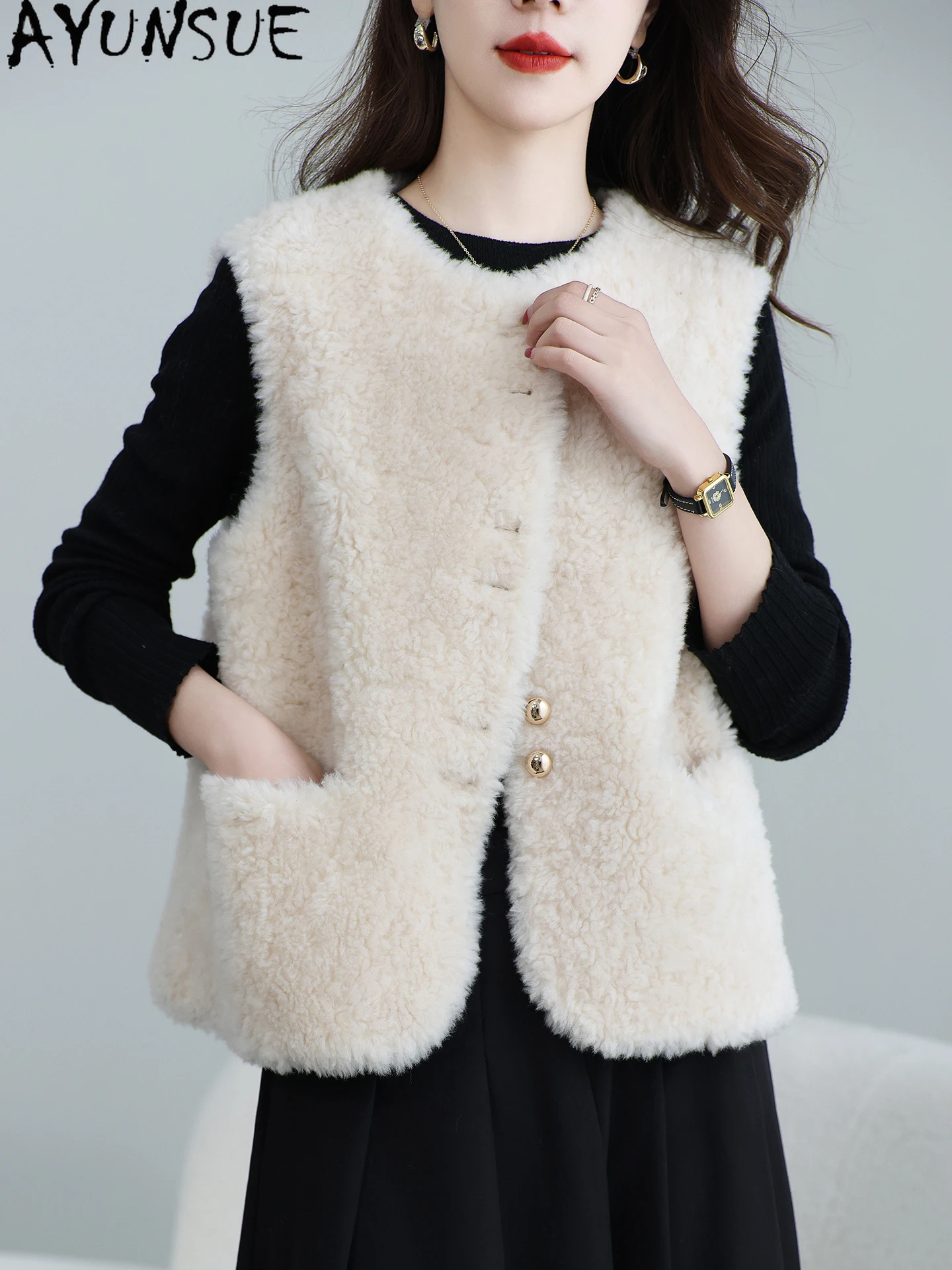 เสื้อกั๊กขนสัตว์แท้ 100% ยี่ห้อ AYUNSUE สำหรับผู้หญิง ทำจากขนแกะ ไม่มีแขน เสื้อแจ็คเก็ตสำหรับผู้หญิง ฤดูใบไม้ร่วง ฤดูหนาว เสื้อผ้าปี 2025  เสื้อโค้ทขนสัตว์ผสม