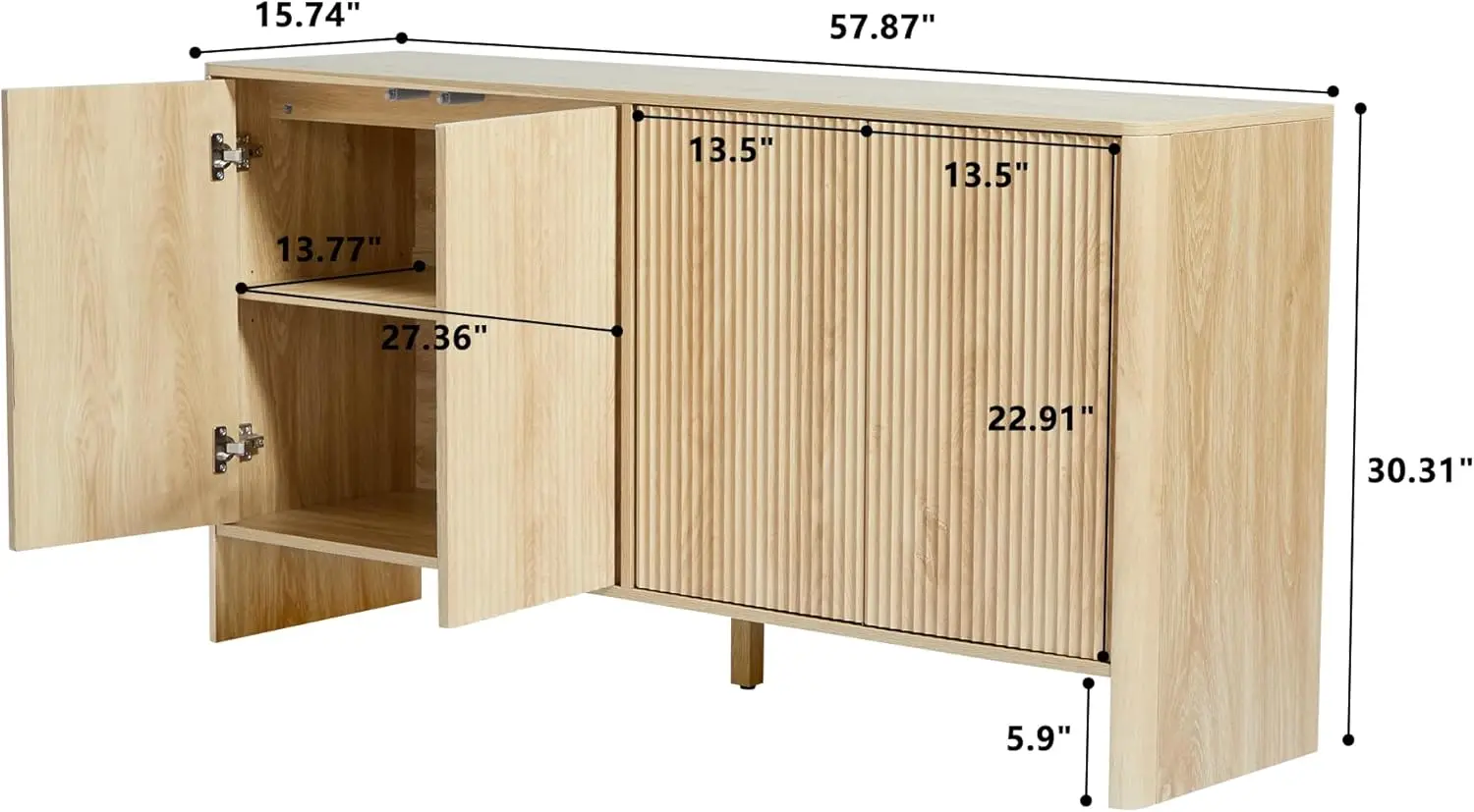 Modern style storage cabinet with 4 slotted doors and adjustable shelves, wooden Credenza buffet cutlery cabinet