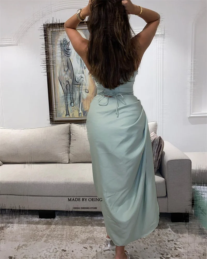 OEING-Mint Green Stain Prom Dresses, Spaghetti Straps, Vestido de noite plissado, Tea Length, Ocasião Formal