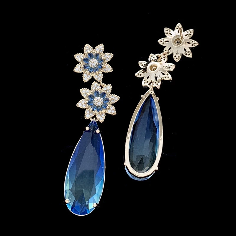 Snowflake Teardrop Drop Earrings For Women Luxury Blue Cubic Zirconia Dangle Earrings Gold Plated Evening Jewelry Daily Wear