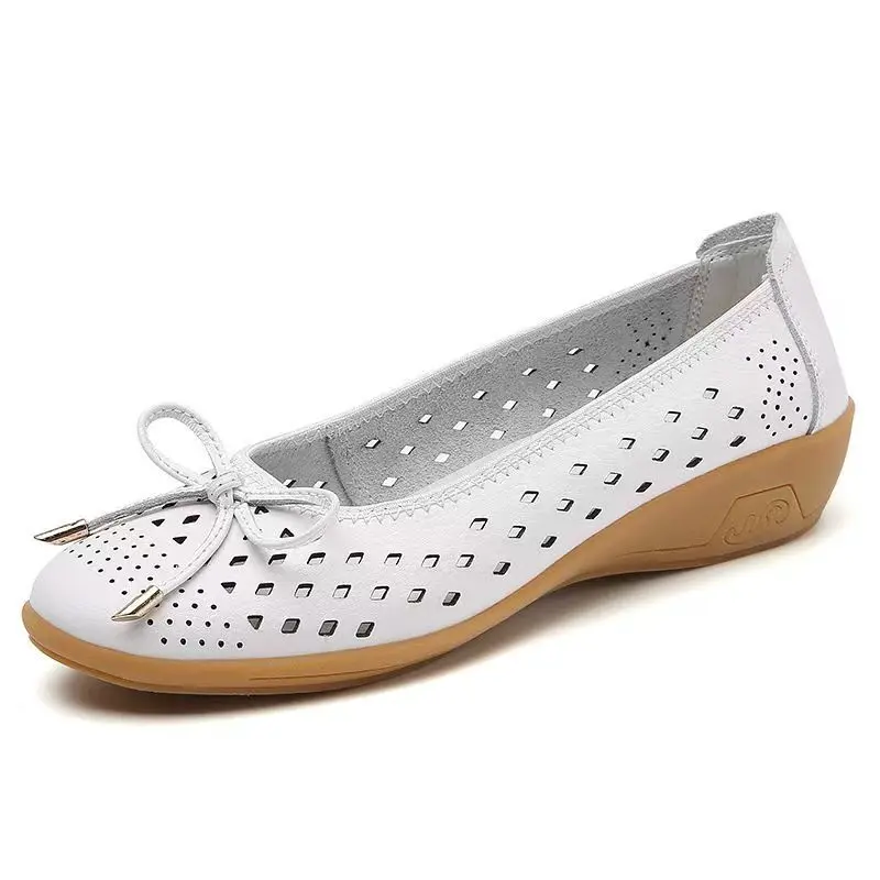 Women's Real Leather Hollow Wedges Nude Shoes Spring summer New Soft sole Round Toe Shallow Slip On Bowknot Lightweight Sandals