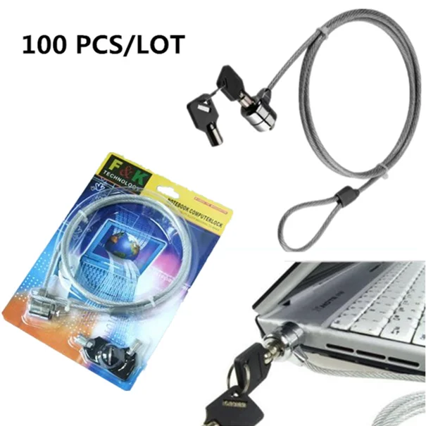 DHL 100PCS Laptop Lock Anti Theft Key Computer Notebook Travel Security Cable Chain also for Bicycle With Key 110cm cable length