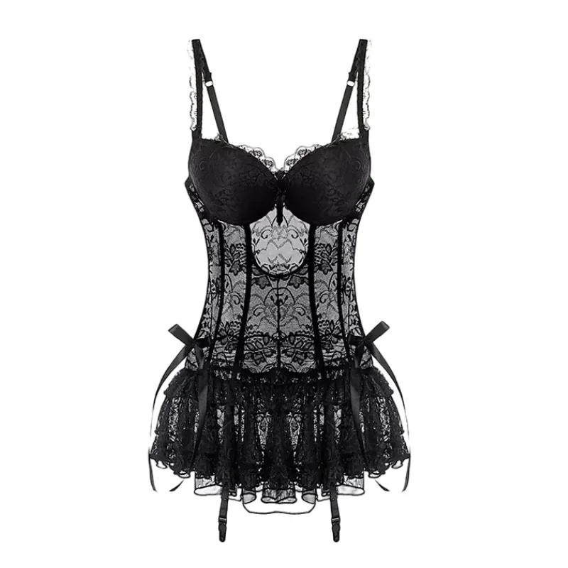 Black Corset Lingerie Dress Women Sexy Overbust Push Up Corset Lace Fishbone Corset Transparent Bustier Clubwear Lingeries 2025