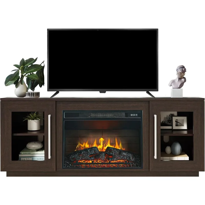 

3D Fireplace TV Stand up to 65 Inch TVs, Modern Media Entertainment Center Console with Glass Barn Door & Storage Cabinets