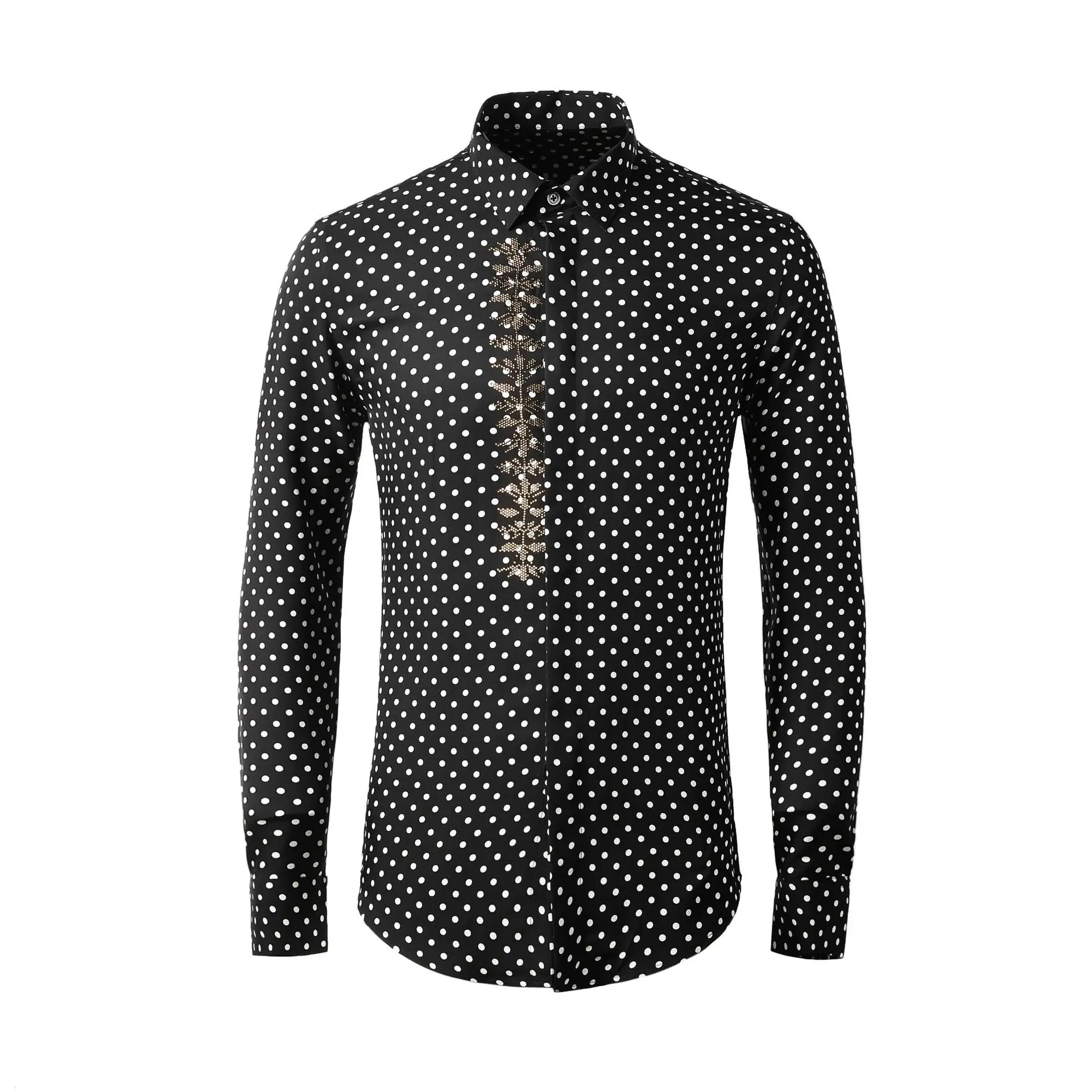 

Spring and summer polka dot hot stamping printed long sleeved men's shirt trendy slim fit and handsome outfit in stock