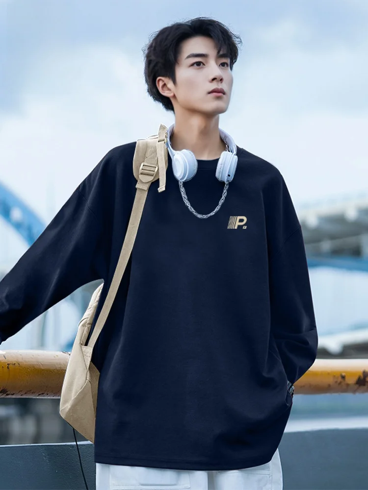 

Премиальная американская мужская футболка с длинным рукавом, весенне-осенняя, модная, брендовая, синяя, повседневная, хлопковая