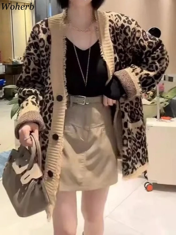 

Tassels Korean Sueter Mujer Leopard Patchwork Vintage Cardigan Women's Clothing 2025 Casual Fashion Knitted Oversized Sweater