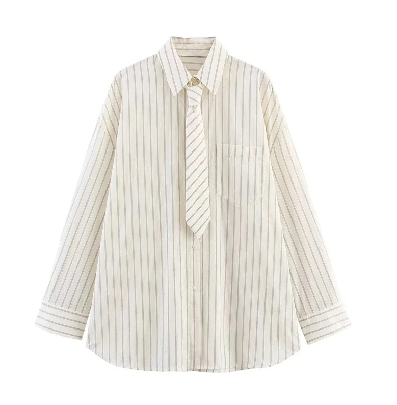 

Женская рубашка, осень 2025, новая полосатая свободная версия с длинным рукавом, рубашка в стиле бойфренда, украшение с галстуком, повседневная, простота, мода