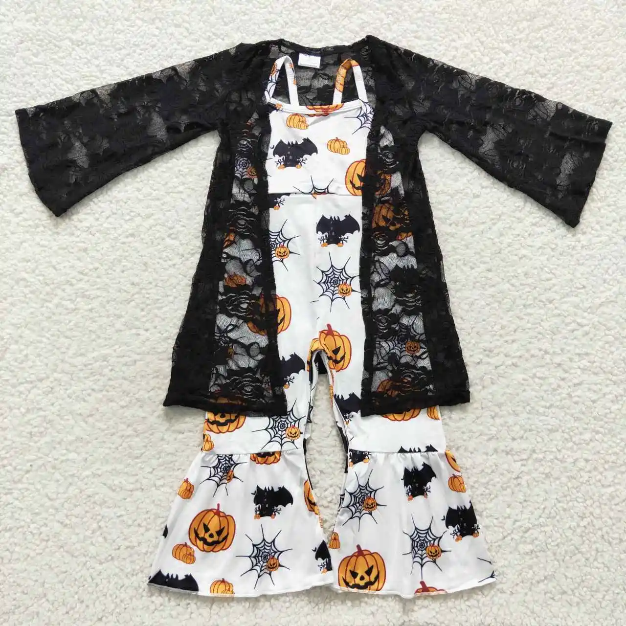 

Fashionable RTS Boutique Girl Black Lace Cardigan Halloween Kids Jumusuit Set Baby Fall 2PCS Suits