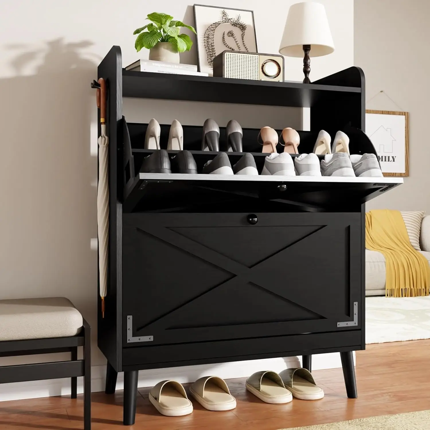 Shoe Cabinet 2 Flip Drawers & Metal Hooks Narrow Entryway Adjustable Shelves Freestanding Slim Rack Front Door Hallway, Customiz