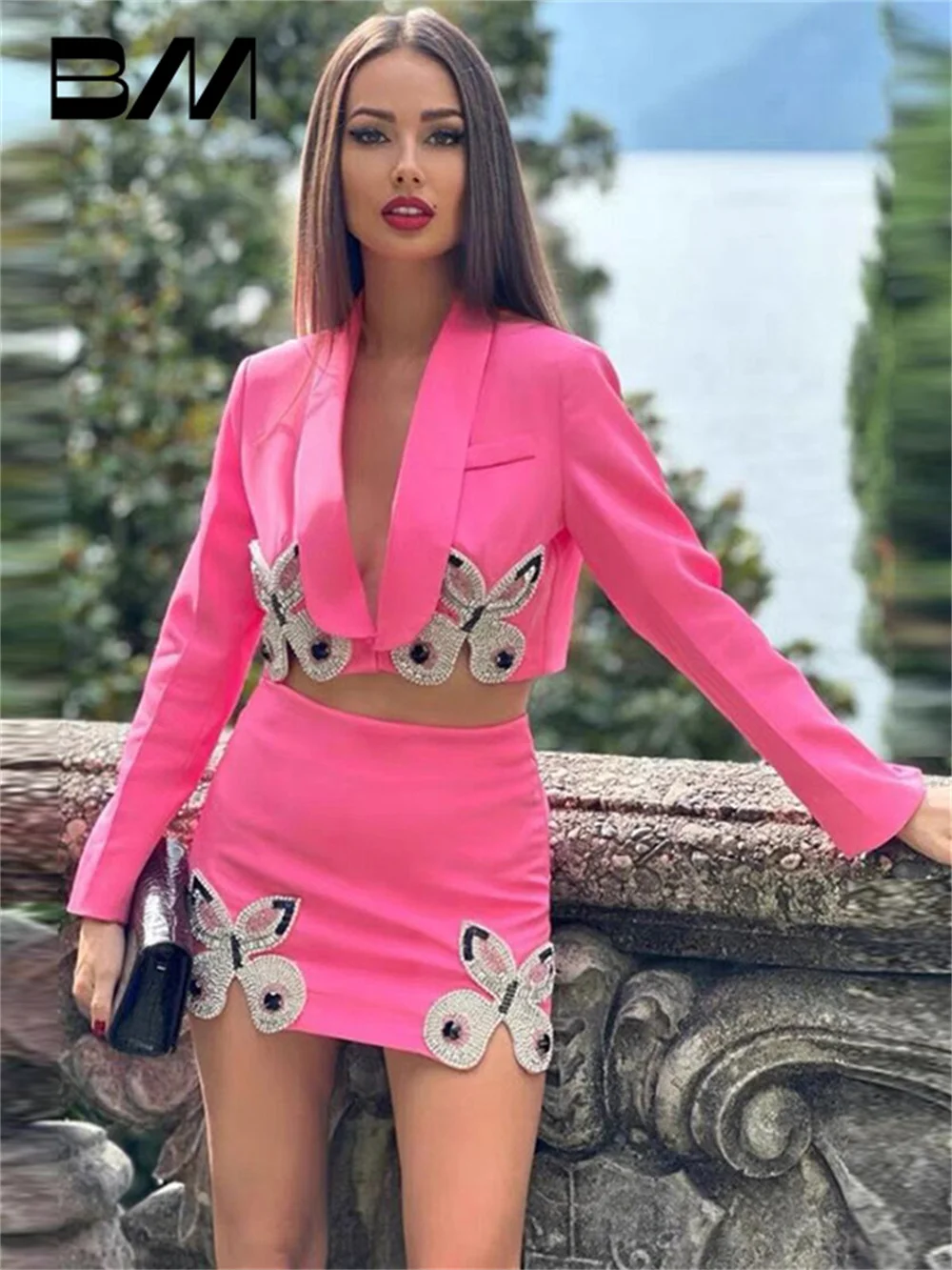 Spring Summer Celebrity Suit Charming Heavy Beading Office Ladies 2PCS 2024 Diamond Butterfly Short Suit Skirt Set Two-piece Set