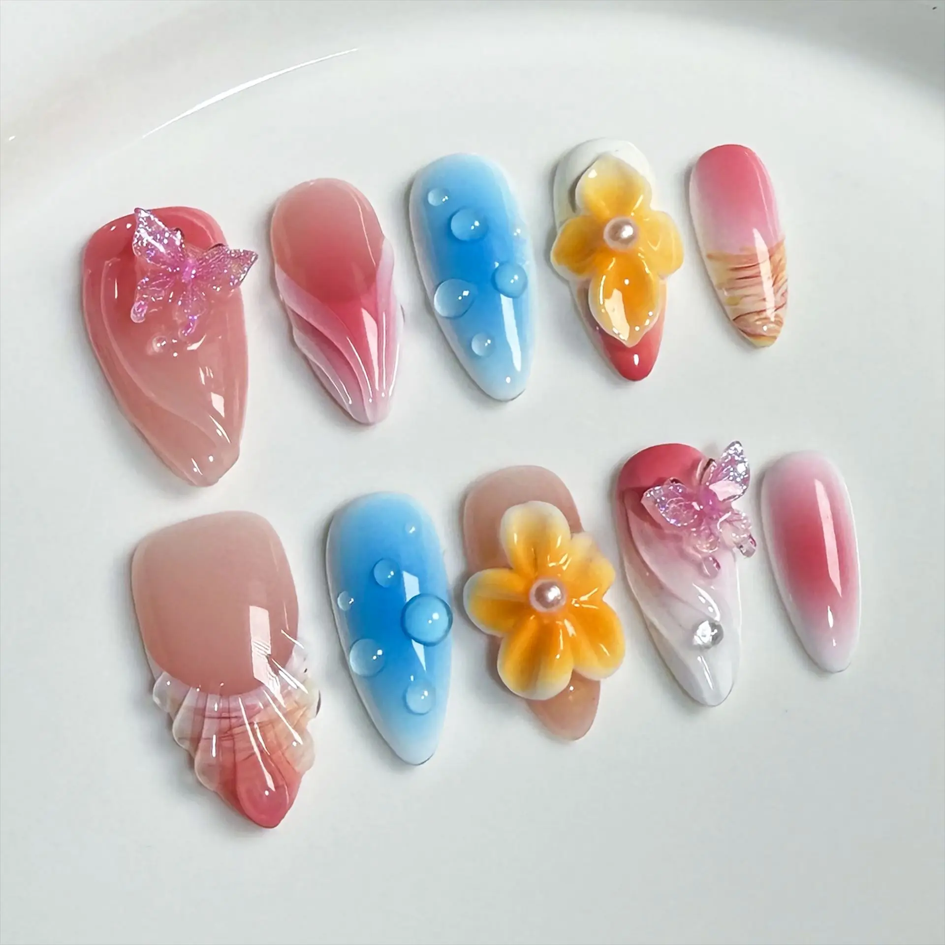 Imprensa de amêndoa artesanal em unhas 3d mão esculpida flor blush remendos de unhas falsas coreano bonito remendos de unhas falsas para menina wearable