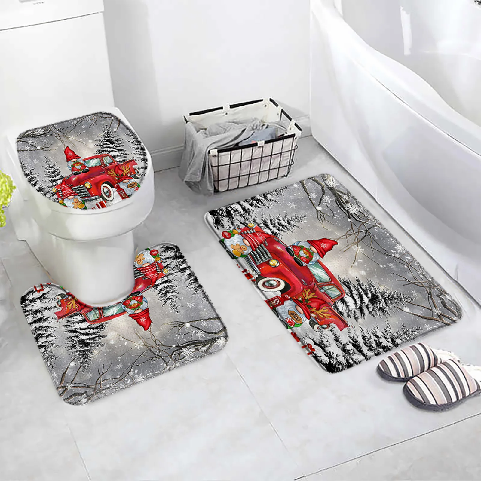 Cute Snowman Christmas Bath Mat Set Pink Xmas Trees Snowflake Winter New Year Flannel Home Bathroom Decor Floor Rug Toilet Cover