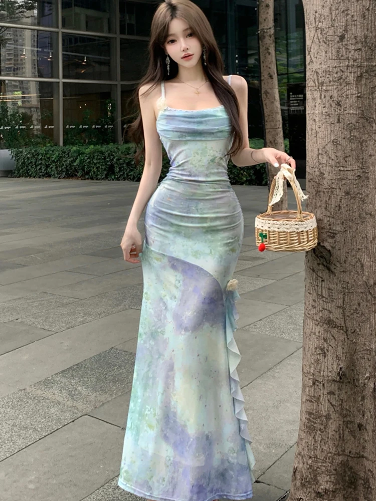 Women Fashion Print Chic Sling Sexy Long Dress Summer Elegant Luxury Ruffled Mermaid Dress 2025 Korean Bodycon Festival Vestidos