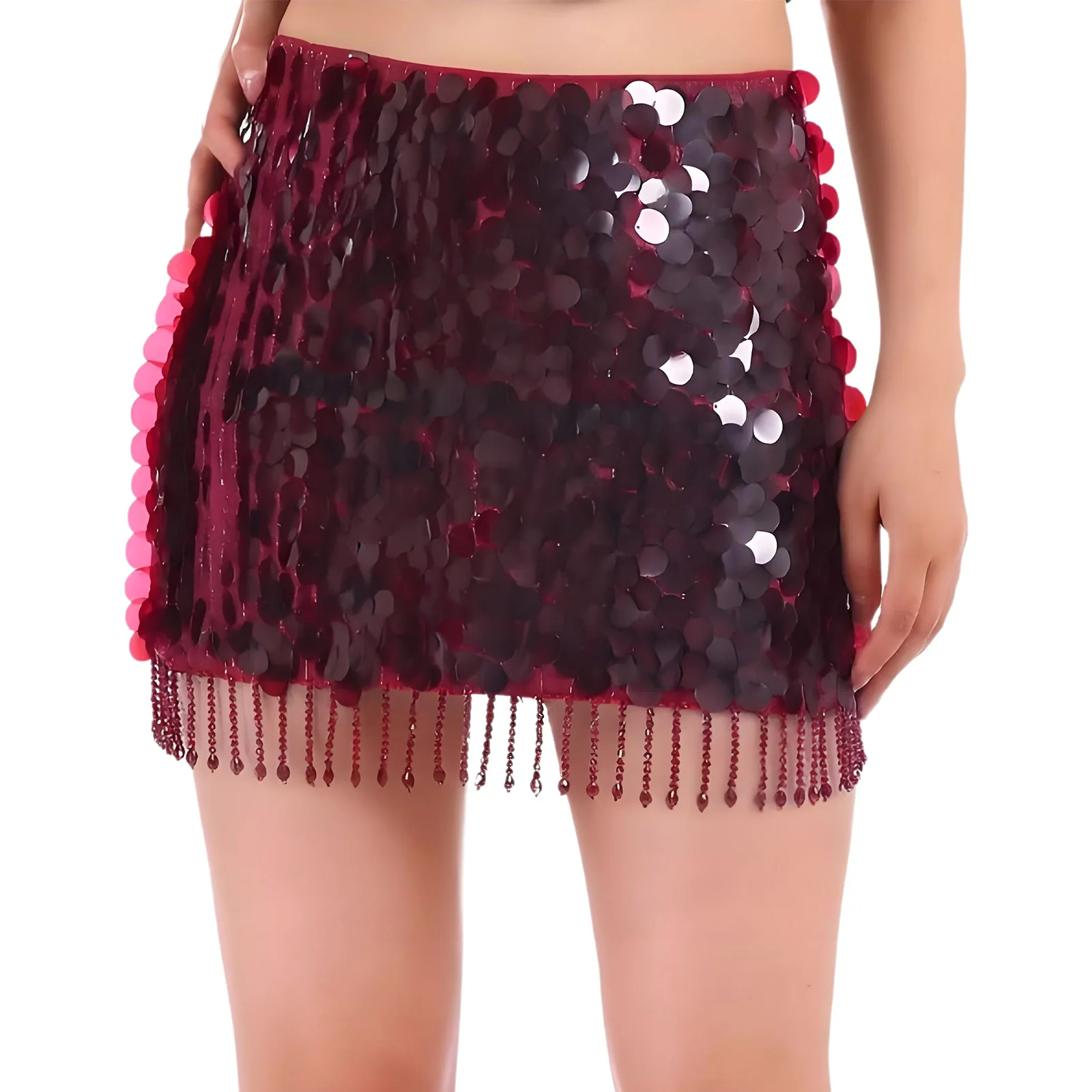 

Women Fashion Glittery Bodycon Miniskirt Sequins Rhinestone Tassel Fully Lining Skirt for Belly Dance Party Raves Festivals