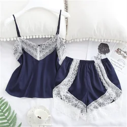 Sexy Lace Splicing Suspender Loose Shorts Two-Piece Pajama Set For Women