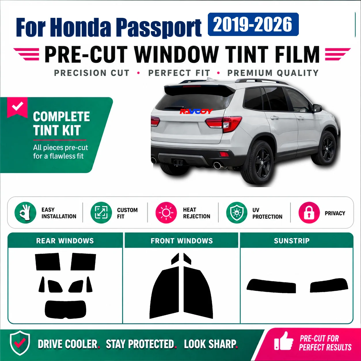 For Honda Passport 2019-2026 Window Tint Film DIY Complete Window Removable Reusable Film