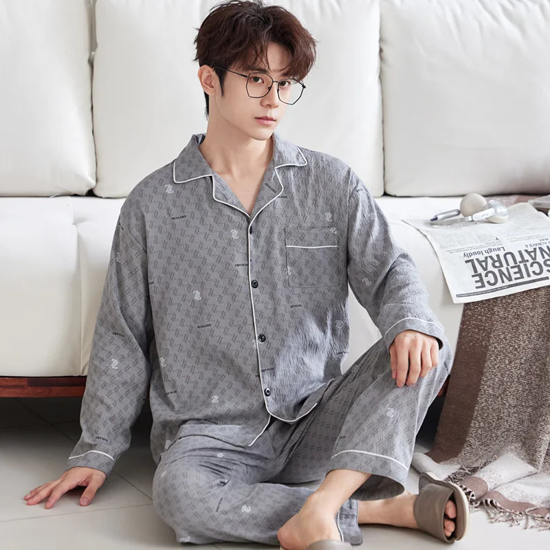 

Мужской весенне-осенний хлопковый пижамный комплект с облачным принтом, топ и брюки с длинными рукавами, Новое поступление, комплект домашней одежды премиум-класса с серым принтом