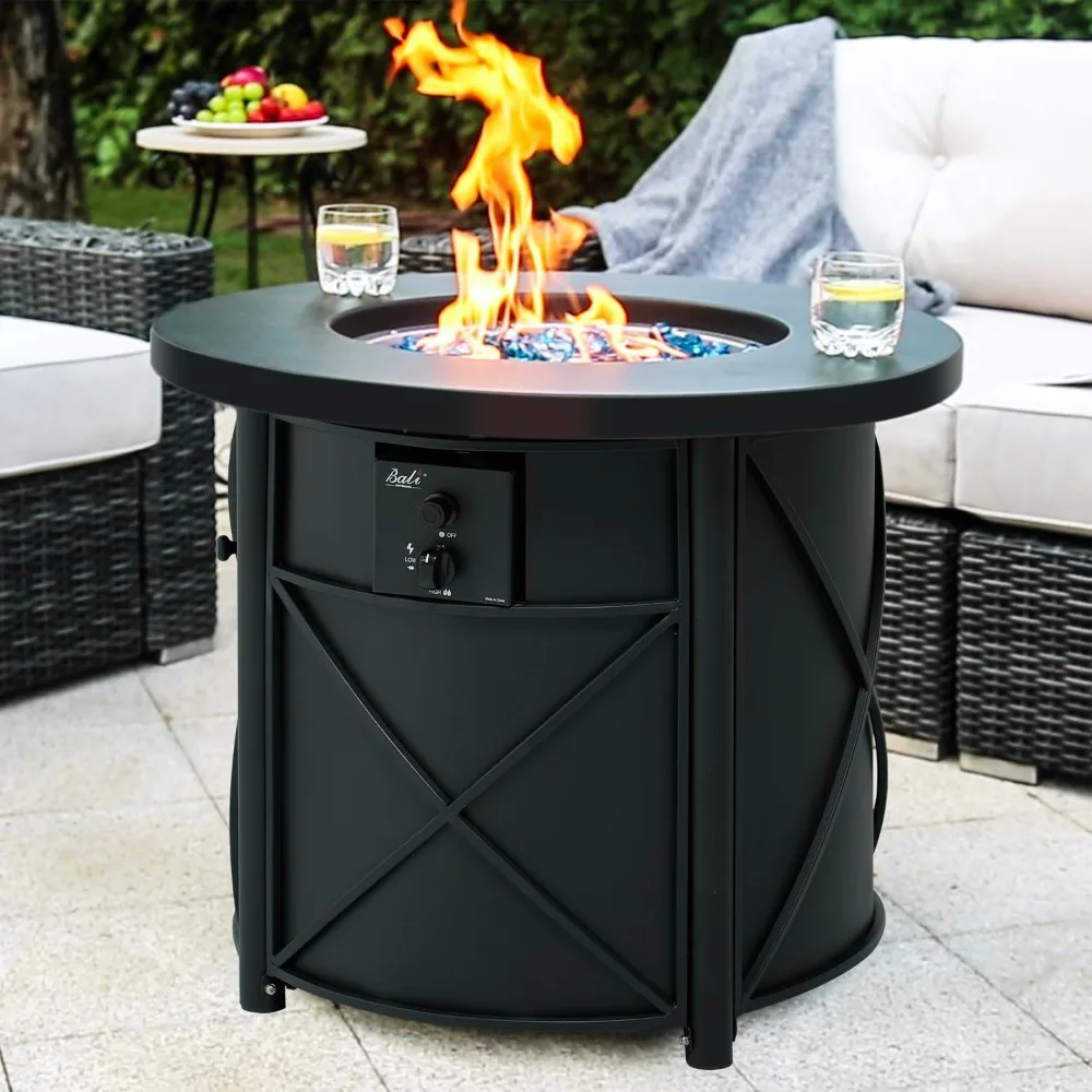 30 Inch Round Gas Fire Pit Table, 50,000 BTU Propane Fire Pit Column with Blue Fire Glass Stone for Outside Patio and Garden