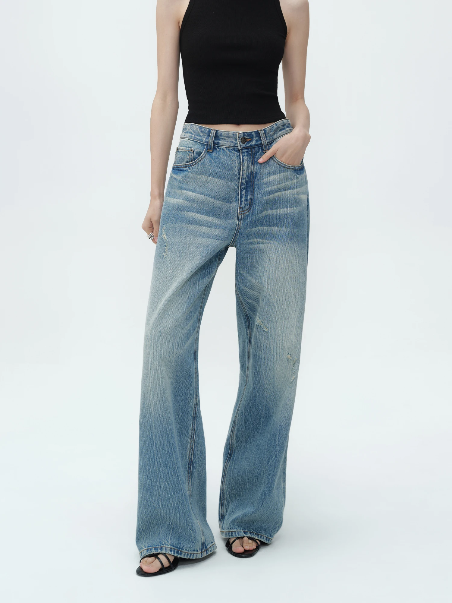 

CEMO Loose Mid-Waist -Walk Washed Denim Pants Women's Wide Leg Jeans Straight Leg Natural Waist Simple Style Blue Cotton
