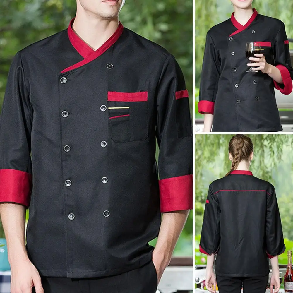 Uniforme de Chef de doble botonadura para restaurante, elegante y transpirable, de bolsillo, Color de contraste para Cocina