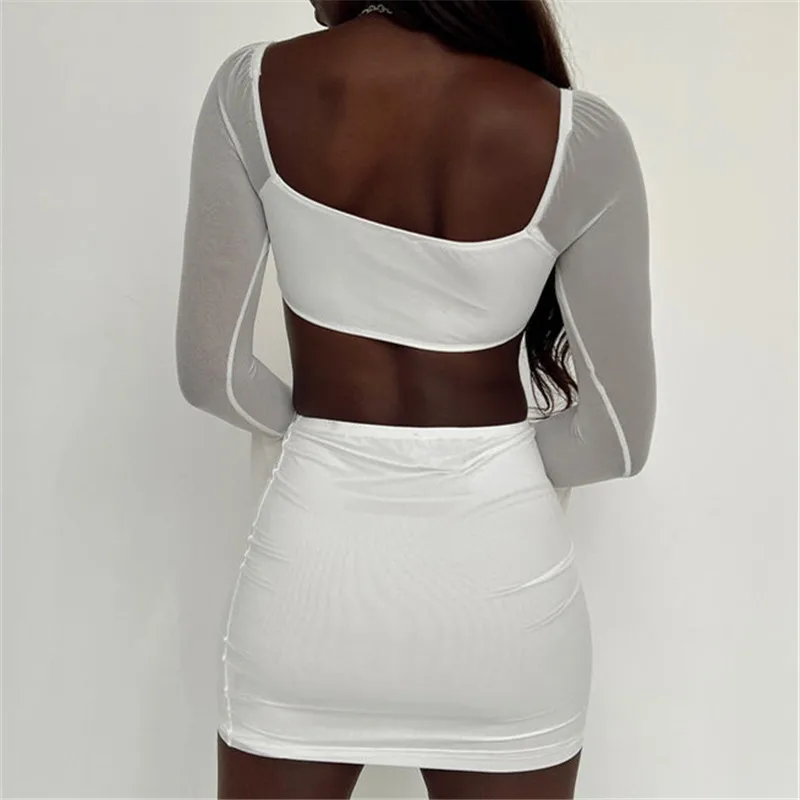 hirigin 2 Piece Skirt Outfit for Women Chic Y2K Print Solid Color Sexy Backless Crop Top and Skirt Rave Festival Matching Set