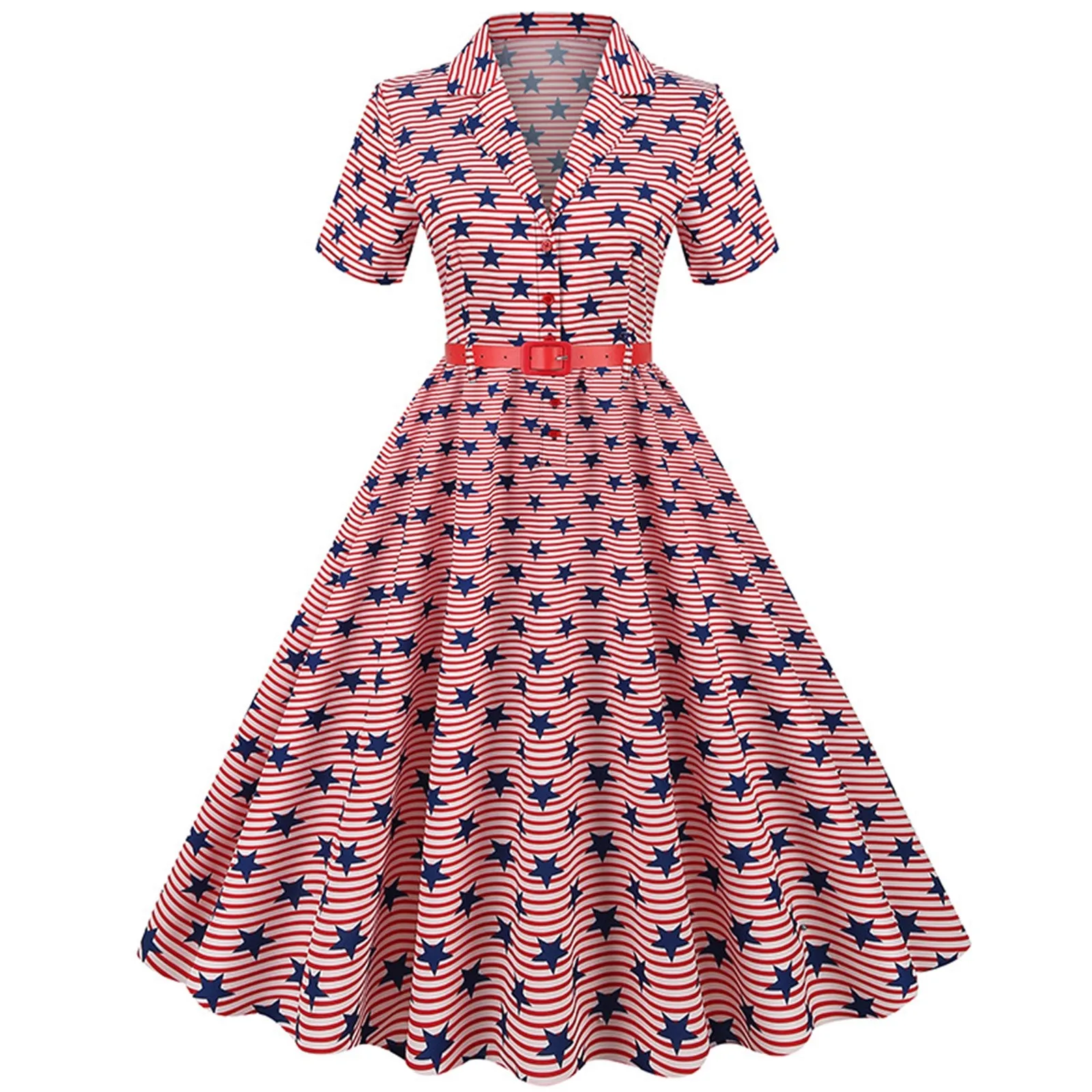 

Y2k Vintage Summer Dress Women'S American Style Star Striped Print Midi Dress Lapel Button Ball Gown Floor Length Dresses Ladies