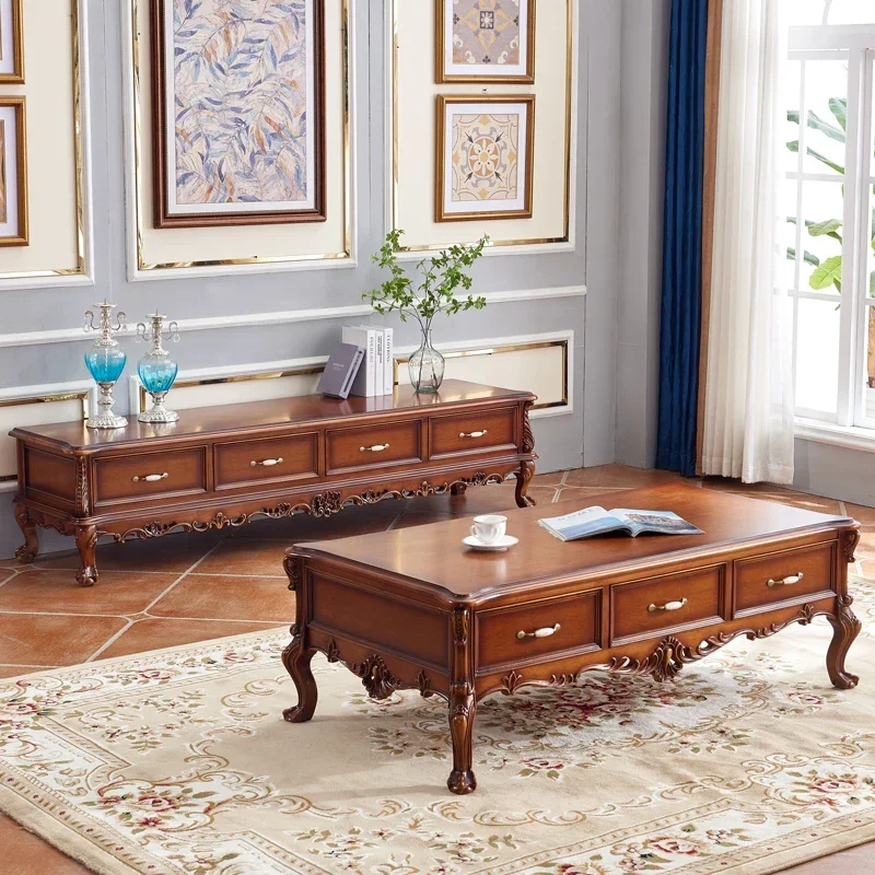 American solid wood rectangular coffee table, high-end living room European style with drawers engraved splicing home TV cabinet