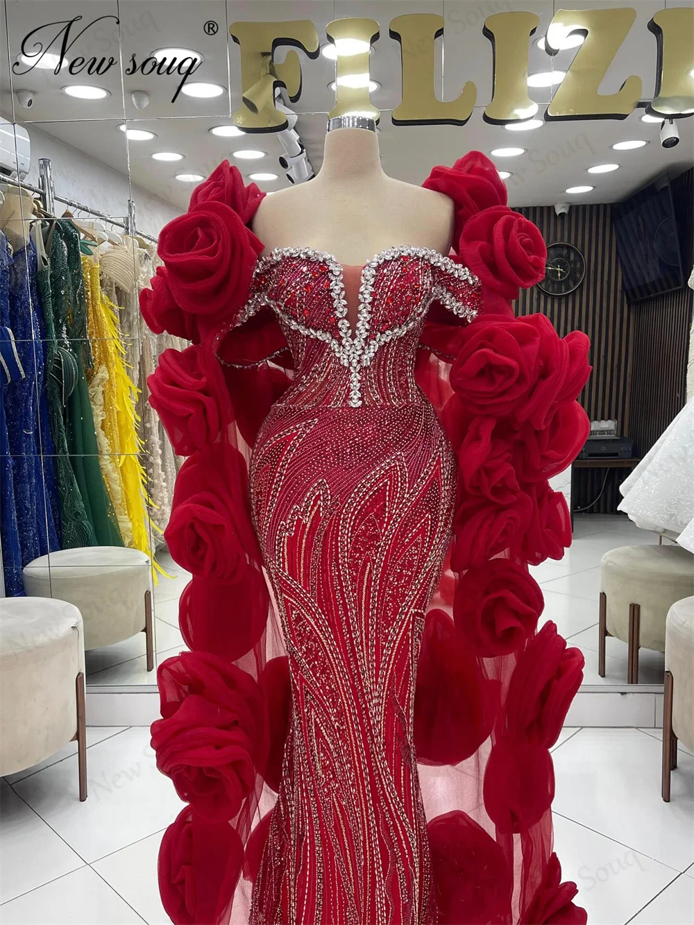 

Chic Burgundy 3D Flowers Evening Dresses Customized Beading Mermaid Prom Dress Sheer Neck Wedding Party Gowns Robes De Soiree
