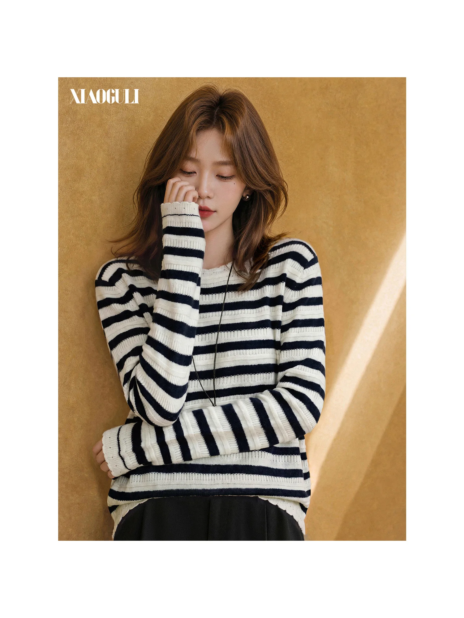 XIAOGULI Wool Acrylic Blend Knit Top Women Stripe Pullovers 2026 Autumn Relaxed Style Basic Layering Daily Wear Thin Sweater