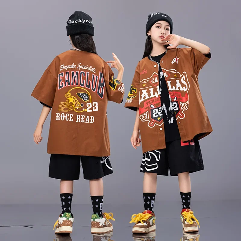 Boys Hip Hop Clothing Dark Green Baseball Uniform Tops Axe print shorts for Girls Kids Jazz Dance Costume Clothes