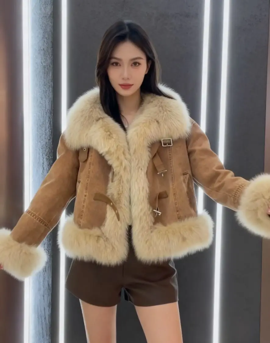 데님 코트 여성 오버사이즈 퍼 플러시 여성 가을 박시 컷 미니멀리스트 스트리트 트렌드 어반 오피스 패치워크 코듀로이 스탠드넥 OL