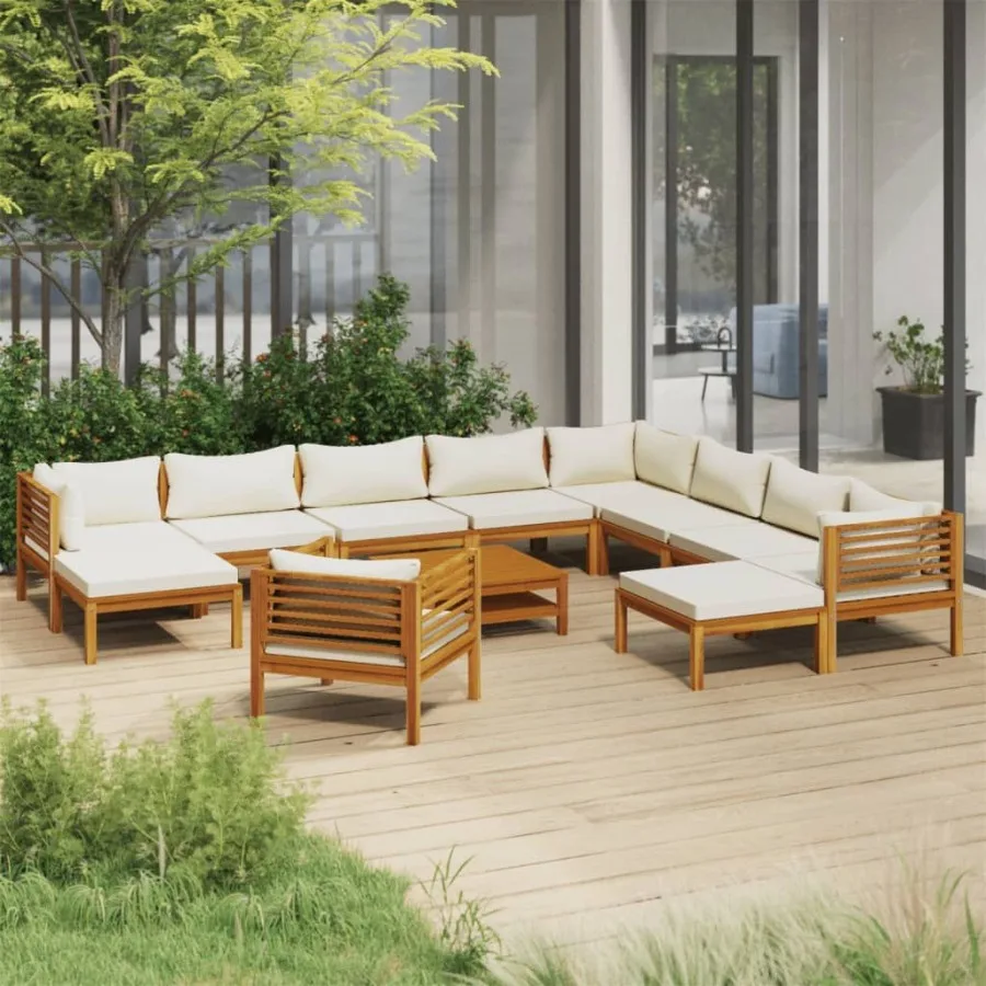 

12 Piece Patio Lounge Set with Cream Cushion Solid Acacia Wood