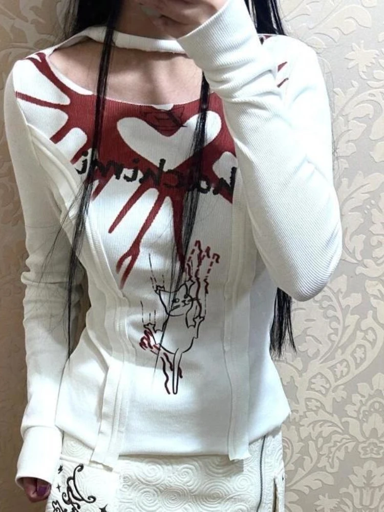 Y2k خمر تي شيرتات طويلة الأكمام متماسكة عادية الحلو المرأة الجوف خارج المرقعة ثقافة فرعية الرجعية الكرتون طباعة 2025 الخريف #3