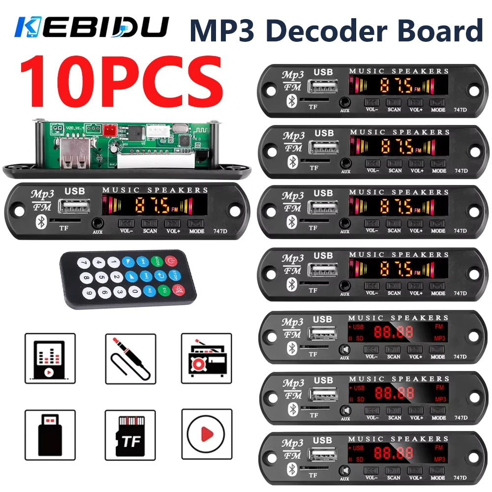 KEBIDU 10PCS Bluetooth 5.3 MP3 WAV Decoder Board DC 12V Wireless Car MP3 Player DIY Music Player TF AUX USB FM Radio For Speaker