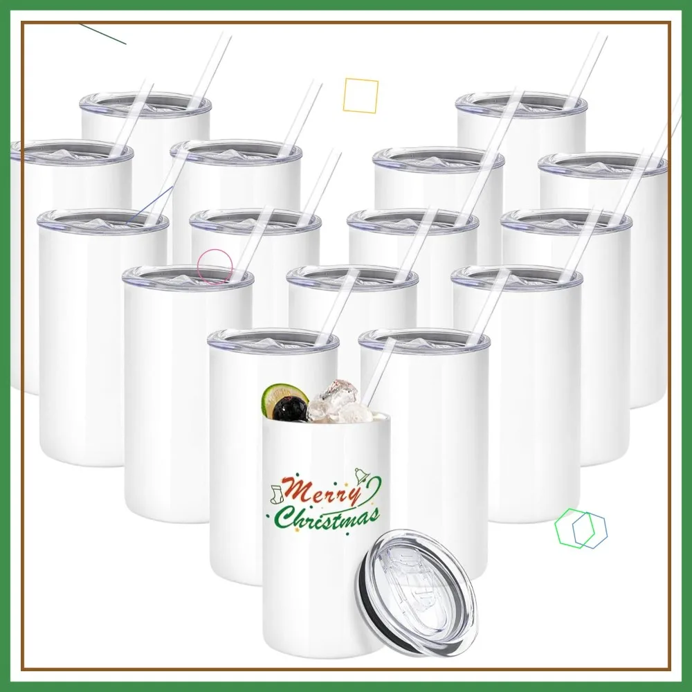 

Набор из 16 заготовок для сублимации: узкие прямые термокружки из нержавеющей стали объемом 12 унций с крышкой и соломинкой для подарков своими руками